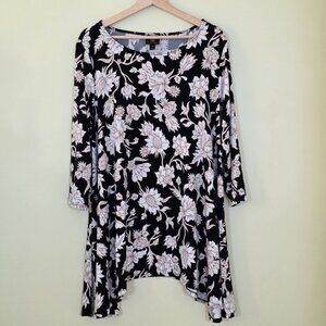 JM Collection Tunic Women 2X Black Beige Floral 3/4 Sleeve Shark Bite Whimsigoth